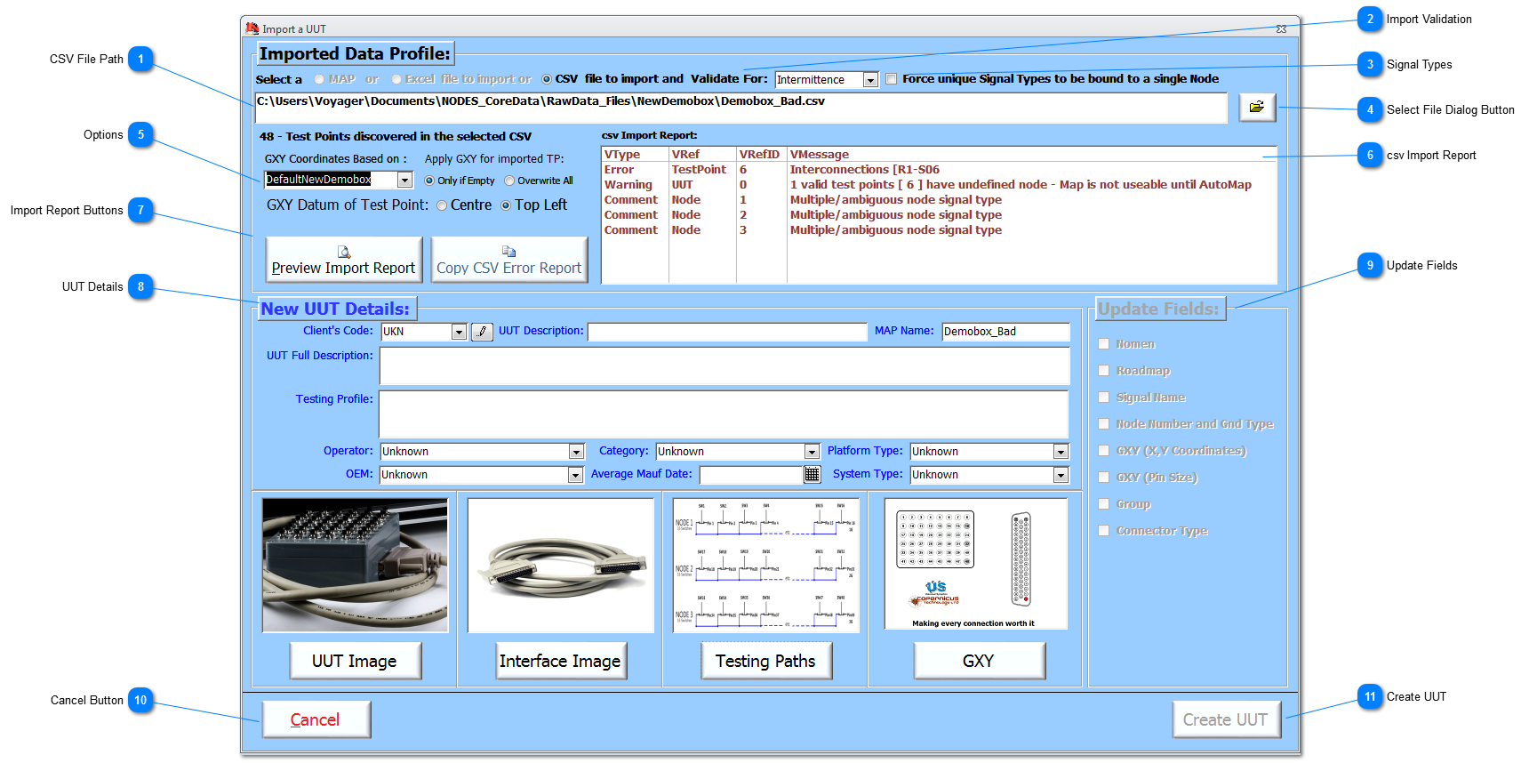 Import a UUT from csv